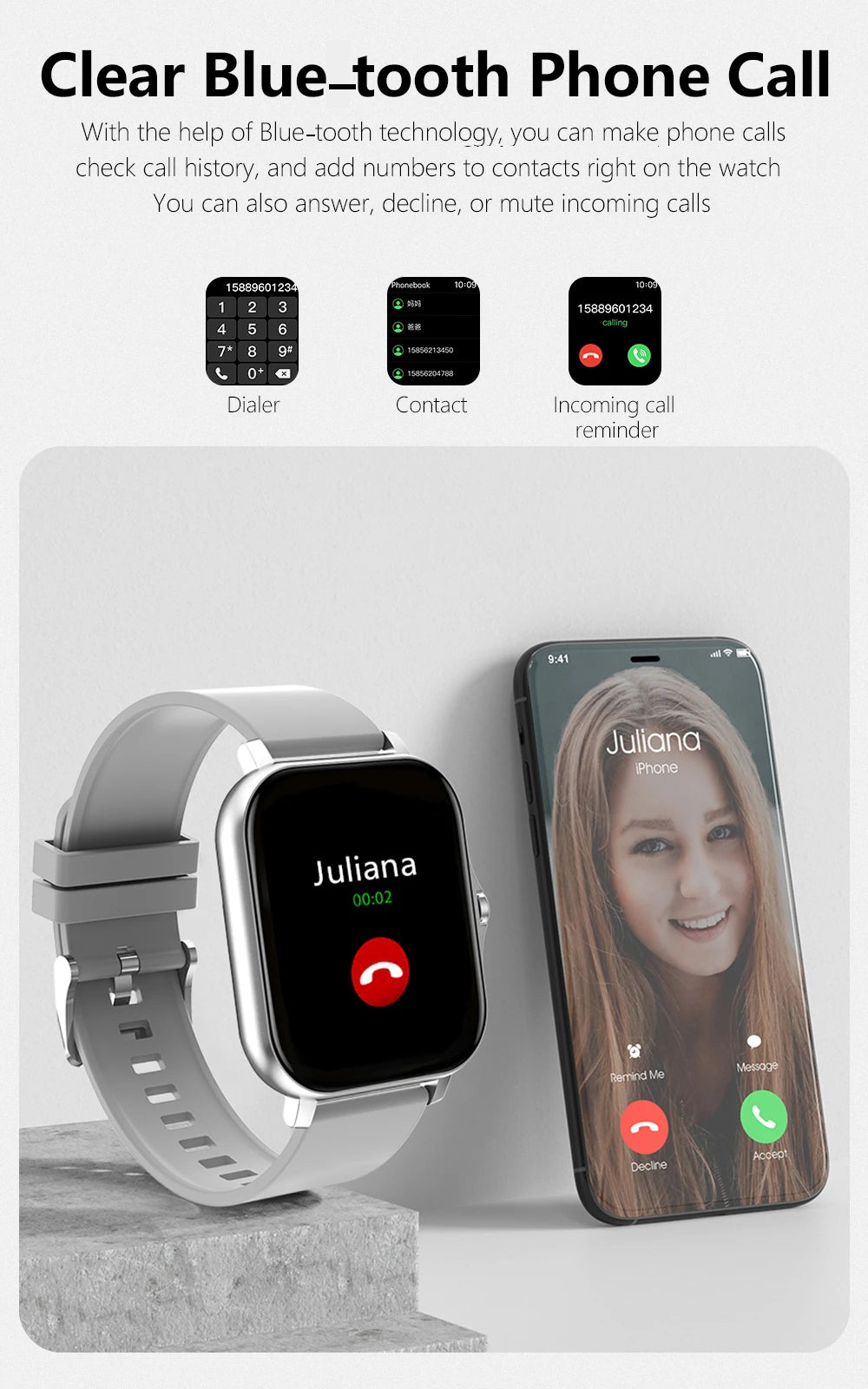 Smart watch with full touch screen, call, message reminder, music control and other functions, compatible with iPhone/android mo