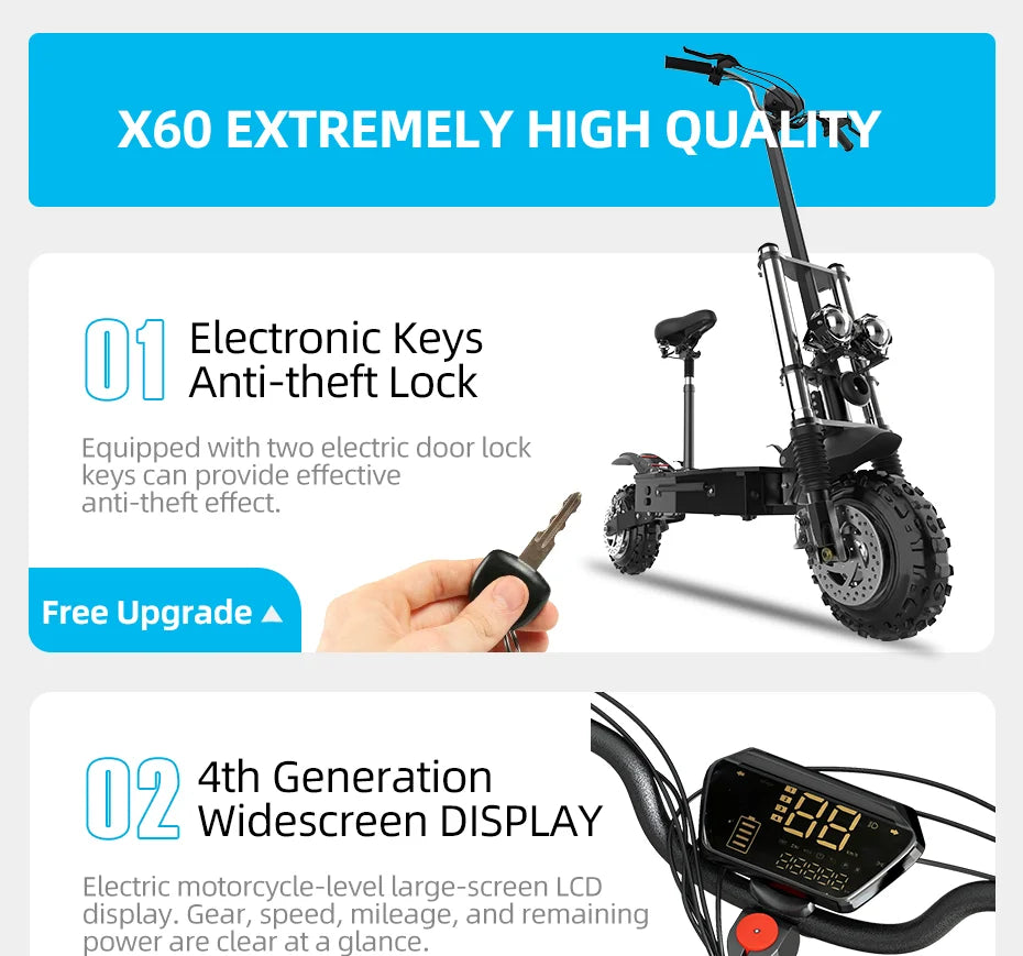 6000W Electric Scooter for Adults 85KM/H Max Speed Dual Motor 11" Off Road Tire E Scooter 30AH Lithium Battery Shock Absorption