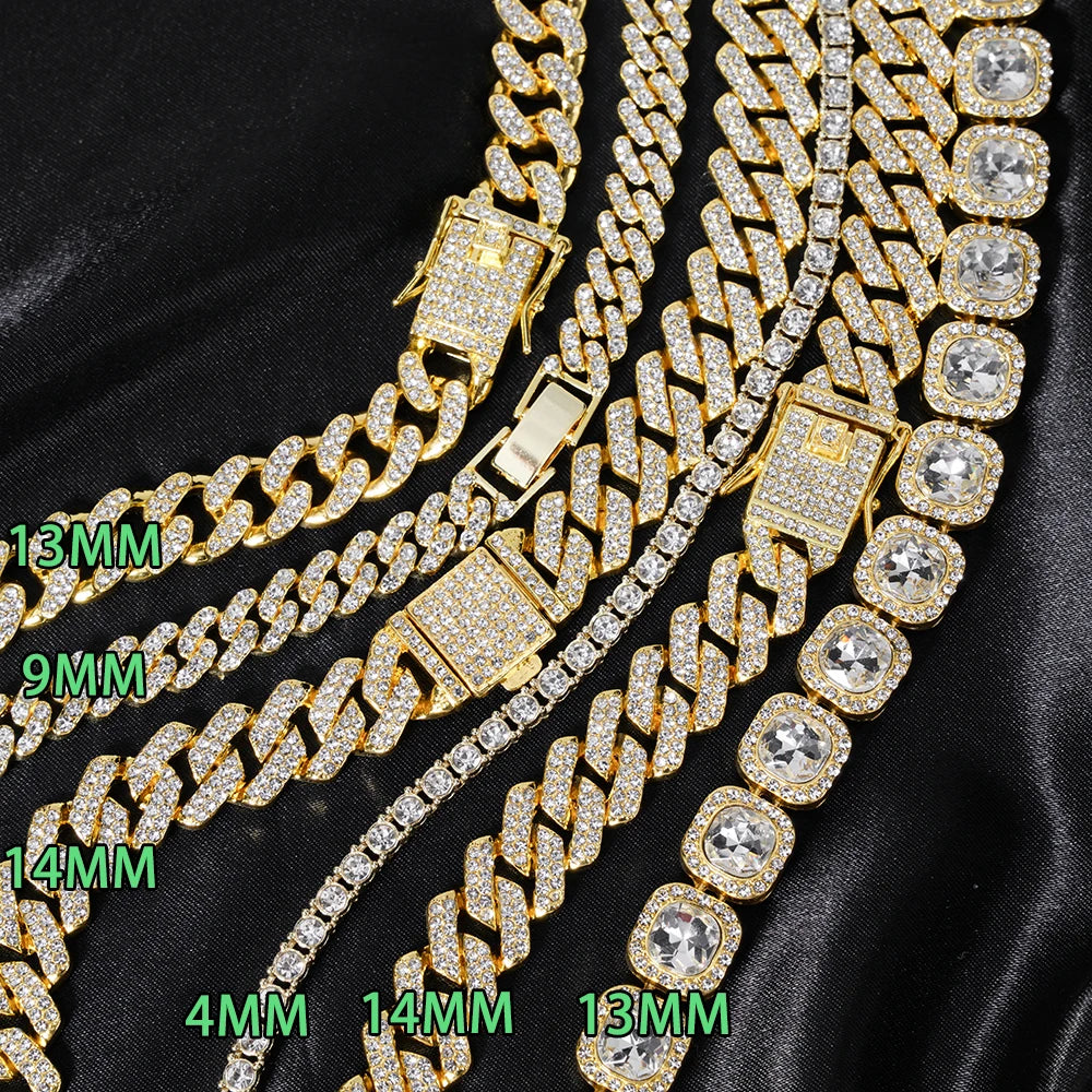 3pcs Cuban Chain Watch for Men Hip Hop Miami Curb Iced Out Paved Rhinestones Rapper Cuban Necklace Suit Watch+Bracelet Jewelry