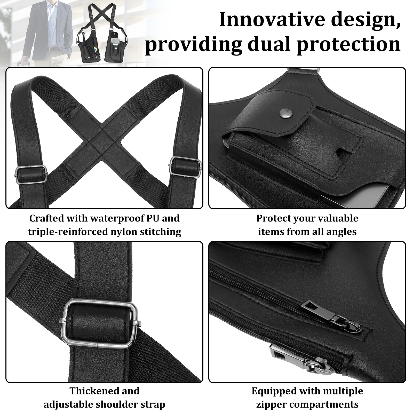 Double Shoulder Armpit Bag for Men Anti Theft Hidden Adjustable Strap Holster Water Resistant Crossbody Pack for Work Travel
