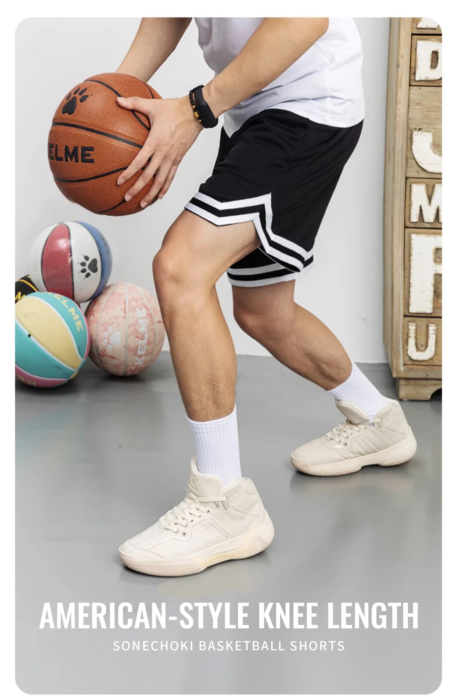 SONECHOKI Knee Length Basketball Shorts Men Striped Loose Running Sport Gym Mesh Breathable Fitness Training Workout Bottom Male