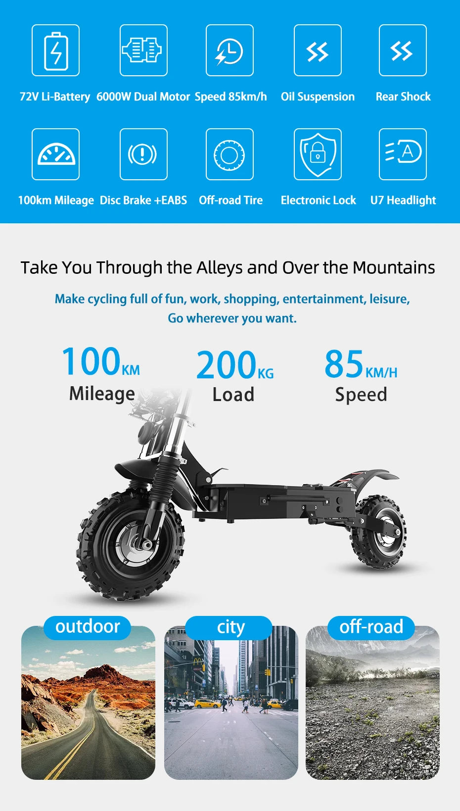 6000W Electric Scooter for Adults 85KM/H Max Speed Dual Motor 11" Off Road Tire E Scooter 30AH Lithium Battery Shock Absorption