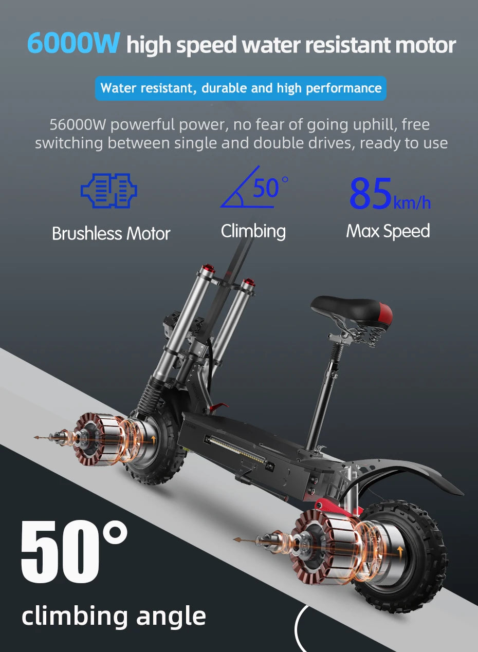 6000W Electric Scooter for Adults 85KM/H Max Speed Dual Motor 11" Off Road Tire E Scooter 30AH Lithium Battery Shock Absorption
