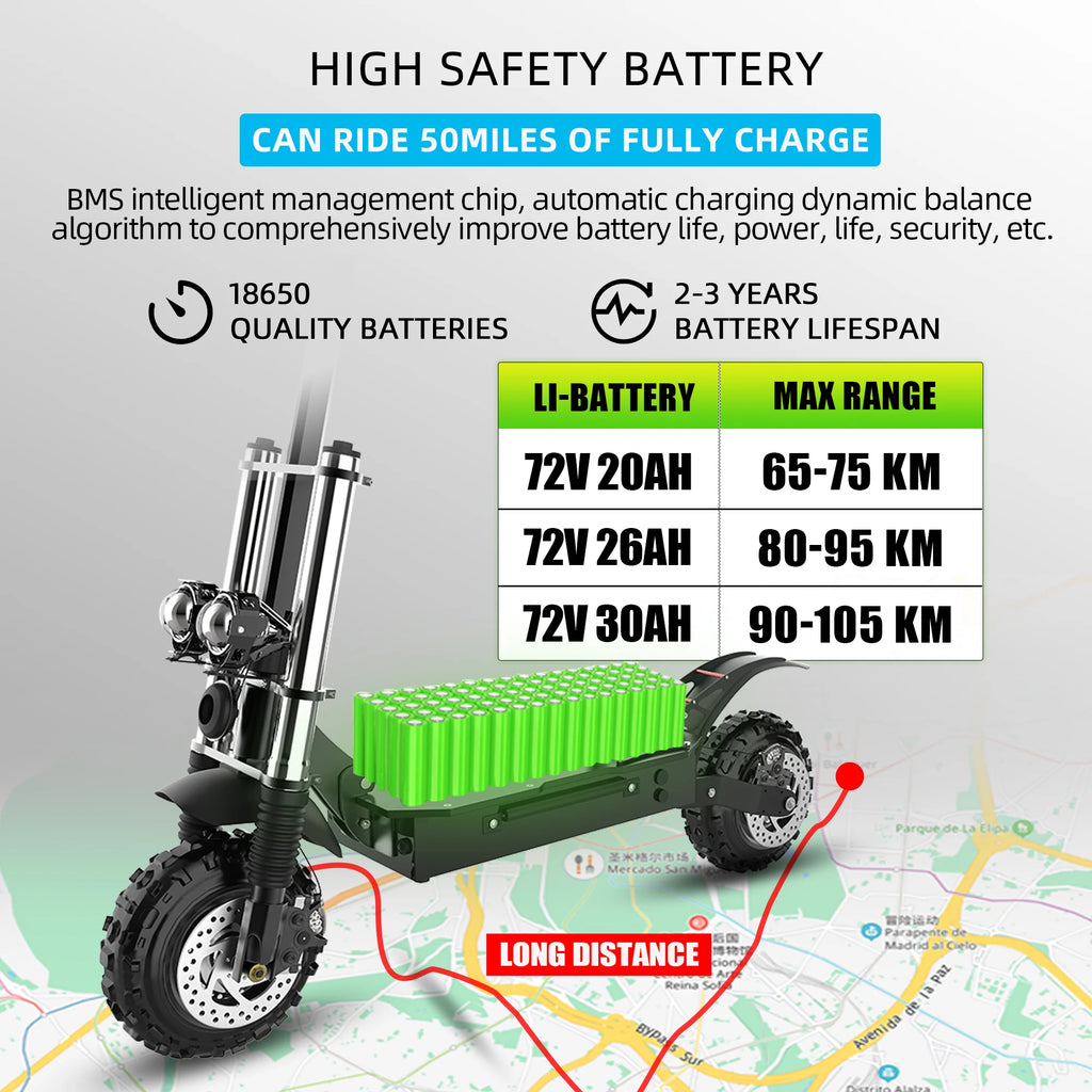 6000W Electric Scooter for Adults 85KM/H Max Speed Dual Motor 11" Off Road Tire E Scooter 30AH Lithium Battery Shock Absorption